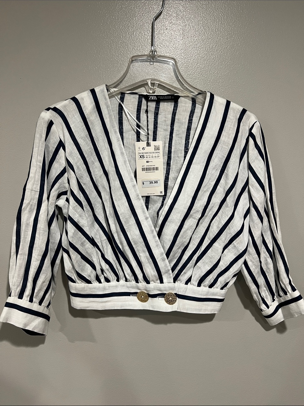 Zara White and Navy Striped Wrap Crop Blouse